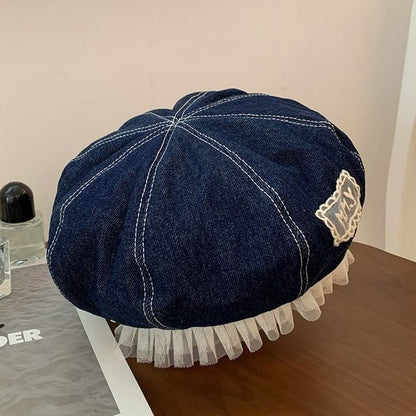 Lettering Applique Mesh Panel Denim Beret