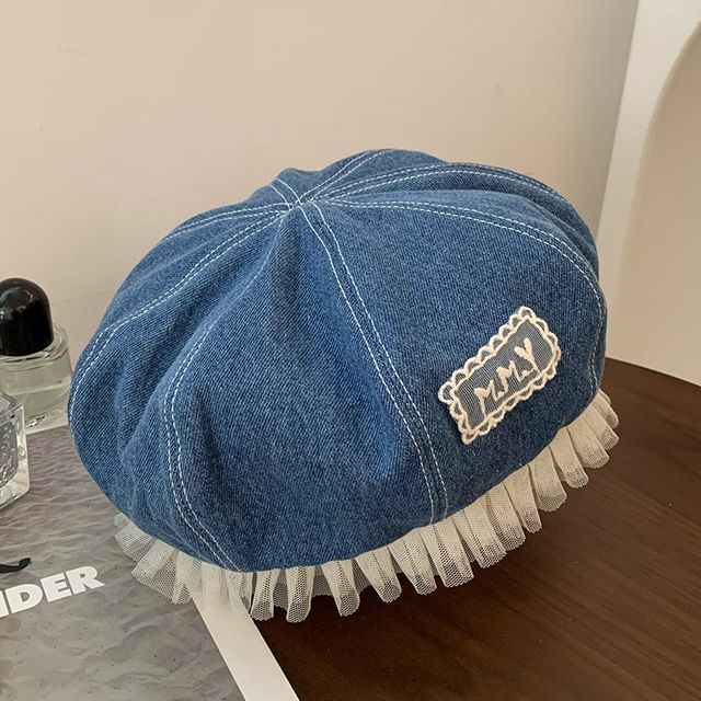 Lettering Applique Mesh Panel Denim Beret