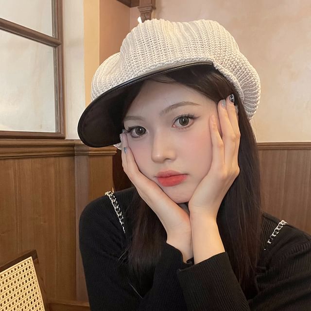 Faux Leather Panel Knit Newsboy Cap