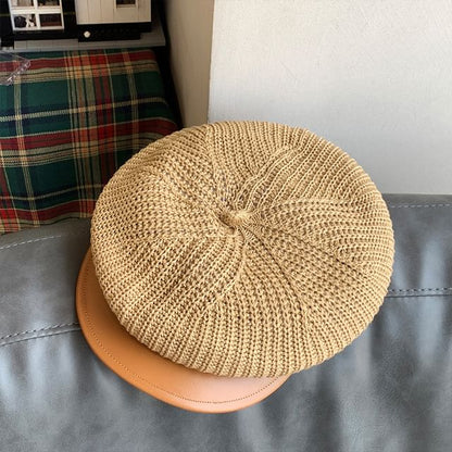 Faux Leather Panel Knit Newsboy Cap