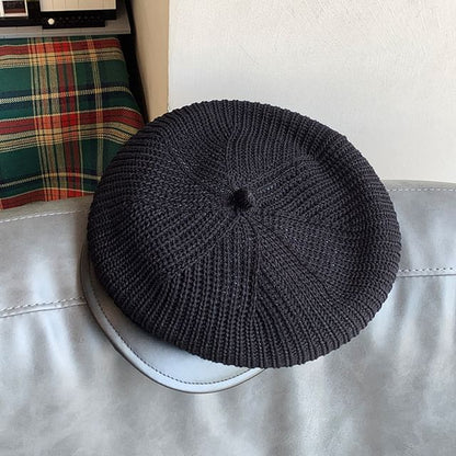 Faux Leather Panel Knit Newsboy Cap