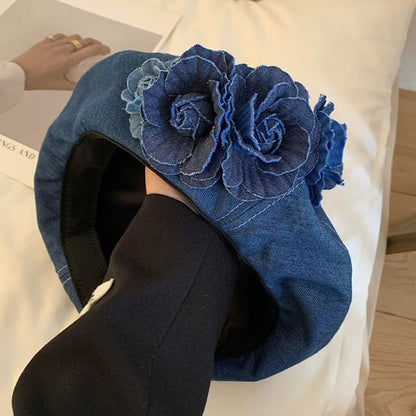Floral Accent Denim Beret