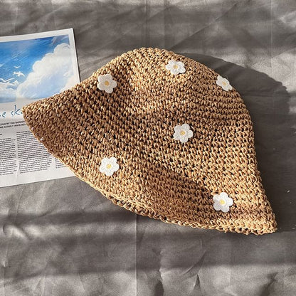Floral Accent Straw Bucket Hat