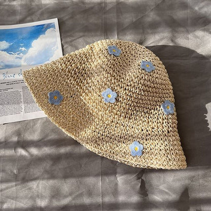 Floral Accent Straw Bucket Hat