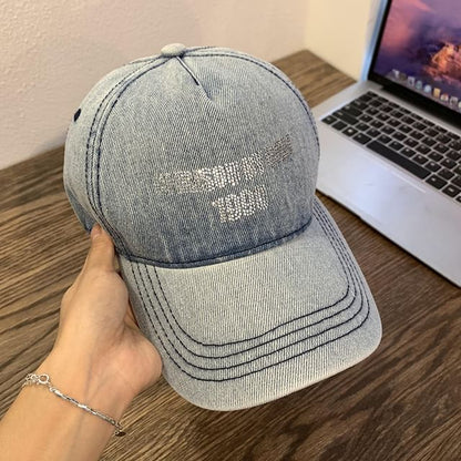Lettering Rhinestone Washed Denim Baseball Cap