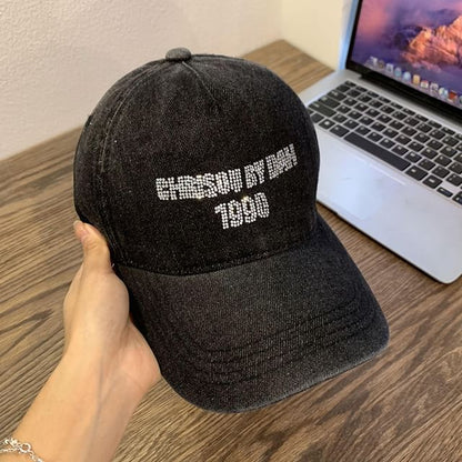 Lettering Rhinestone Washed Denim Baseball Cap