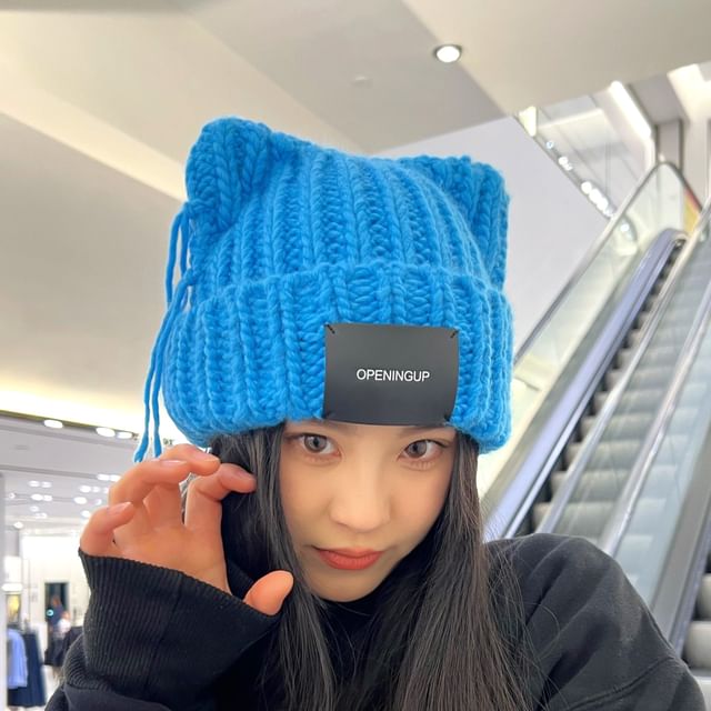 Cat Ear Lettering Applique Knit Beanie