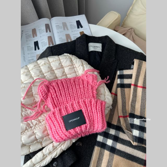 Cat Ear Lettering Applique Knit Beanie