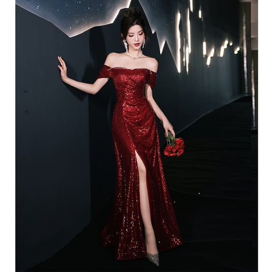 Sequin Short-Sleeve Square Plain Gown A-Line Slit Neck Evening