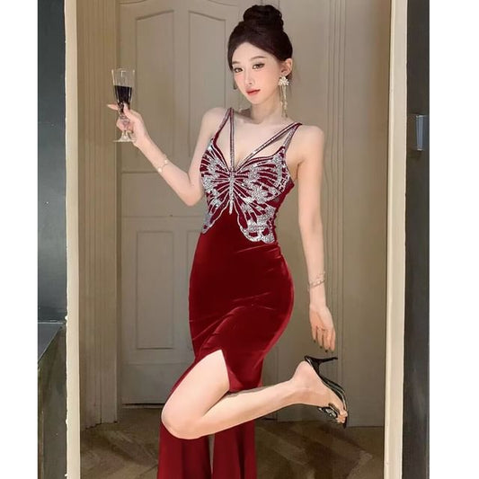 Rhinestone Gown Slit Butterfly Spaghetti Strap Evening Velvet Back Open V-Neck Mermaid