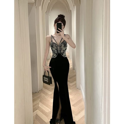 Spaghetti Strap V-Neck Butterfly Rhinestone Open Back Slit Velvet Mermaid Evening Gown