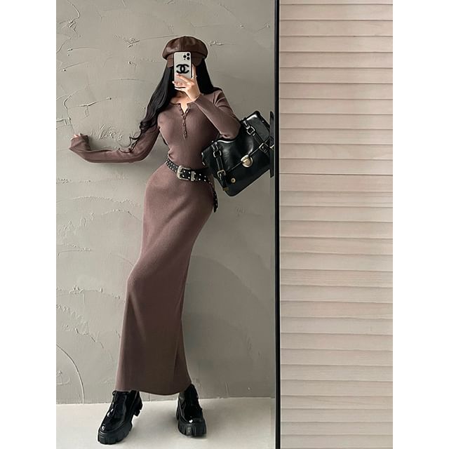 Long-Sleeve Ribbed Knit Mermaid Maxi Dress