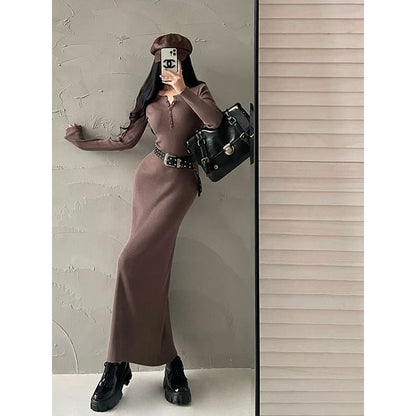 Long-Sleeve Ribbed Knit Mermaid Maxi Dress
