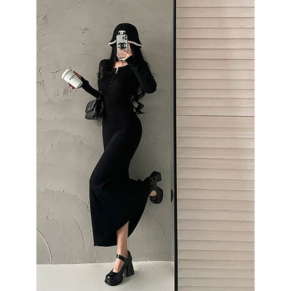 Long-Sleeve Ribbed Knit Mermaid Maxi Dress