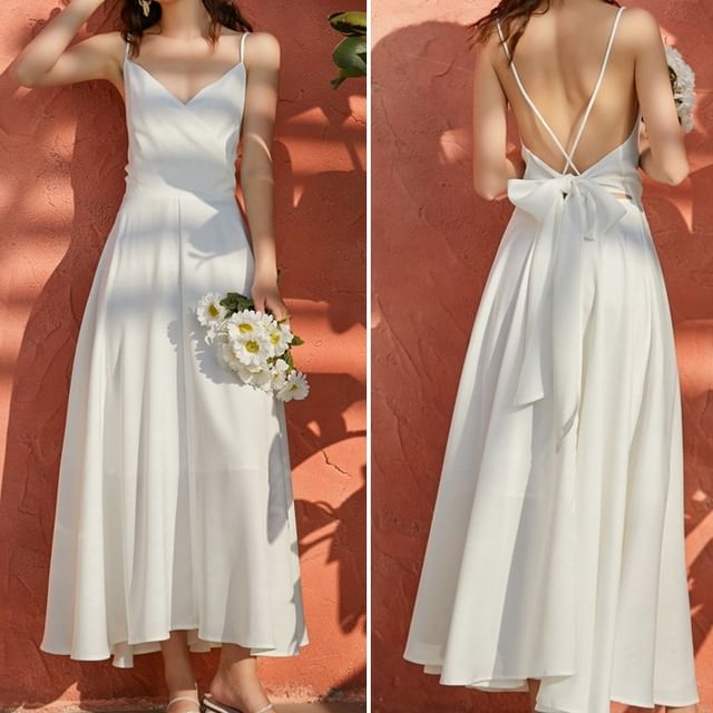 Spaghetti Strap V-Neck Plain Maxi A-Line Dress