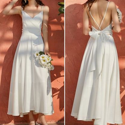 Spaghetti Strap V-Neck Plain Maxi A-Line Dress