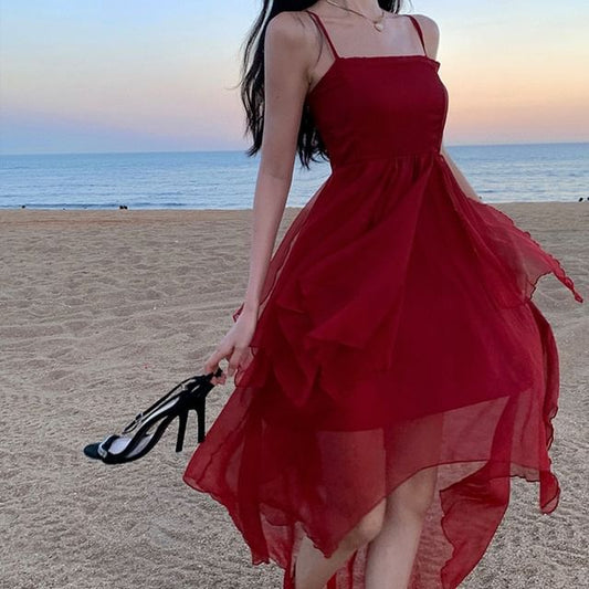 Spaghetti Strap Asymmetrical Sheer A-Line Dress