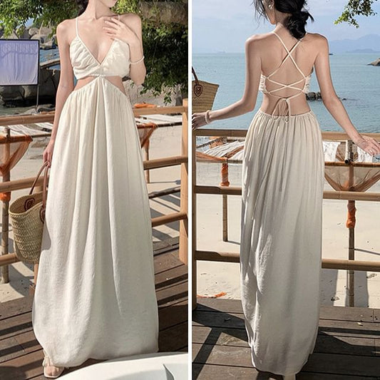 Spaghetti Strap V-Neck Cutout Plain Maxi A-Line Dress