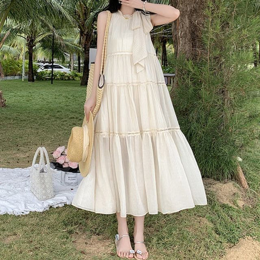 Sleeveless Crewneck Plain Midi A-Line Dress