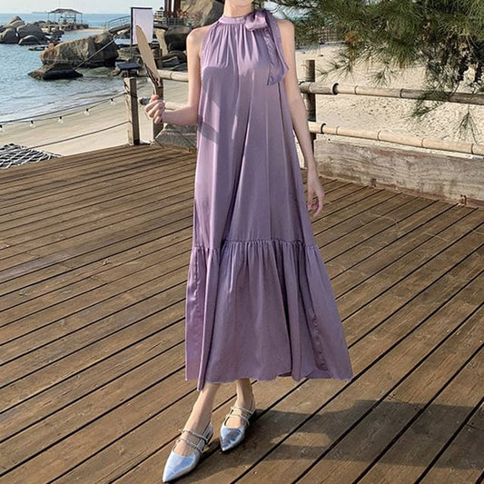 Sleeveless Crewneck Plain Maxi A-Line Dress