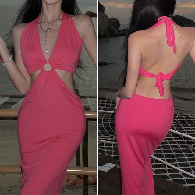 Halter Neck Cutout Plain Midi Bodycon Dress