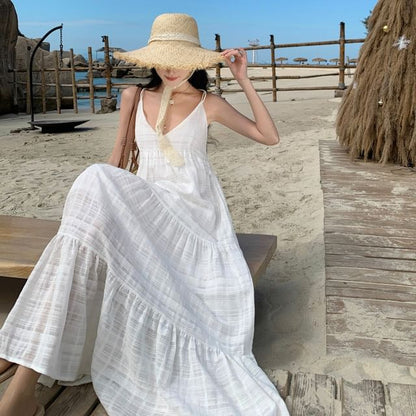 Sleeveless V-Neck Plain Maxi A-Line Dress