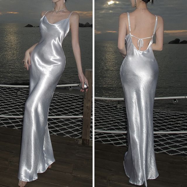 Spaghetti Strap Open Back Plain Maxi Sheath Dress