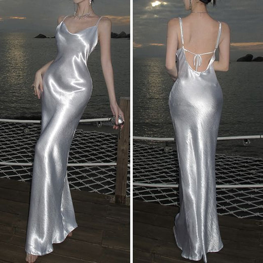 Spaghetti Strap Open Back Plain Maxi Sheath Dress