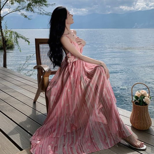 Spaghetti Strap V-Neck Floral Print Maxi A-Line Dress