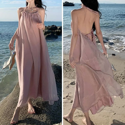 Halter Neck Open Back Plain Midi A-Line Dress