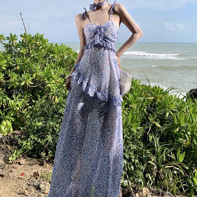 Spaghetti Strap Floral Print Midi A-Line Dress