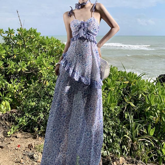 Spaghetti Strap Floral Print Midi A-Line Dress