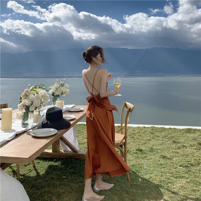 Spaghetti Strap V-Neck Plain Maxi A-Line Dress