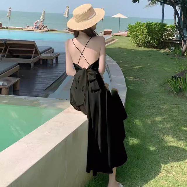 Spaghetti Strap V-Neck Plain Maxi A-Line Dress