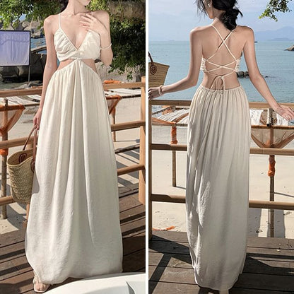 Spaghetti Strap V-Neck Cutout Plain Maxi A-Line Dress