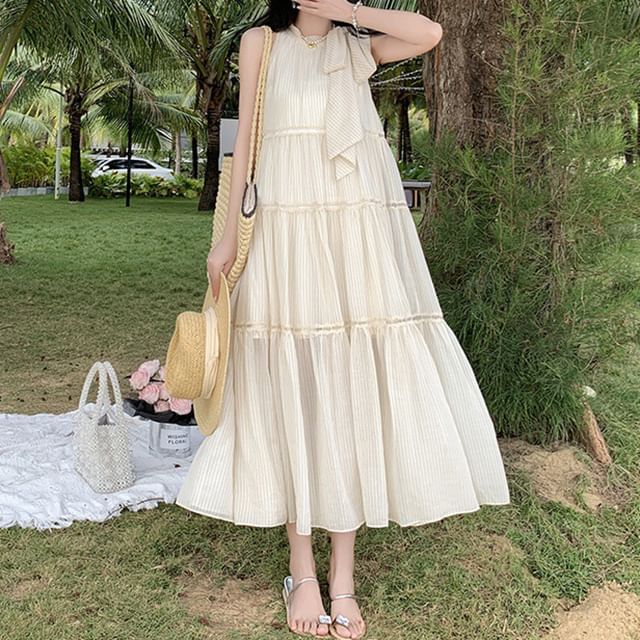 Sleeveless Crewneck Plain Midi A-Line Dress