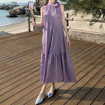 Sleeveless Crewneck Plain Maxi A-Line Dress