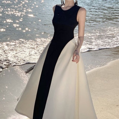 Sleeveless Crewneck Two Tone Maxi A-Line Dress