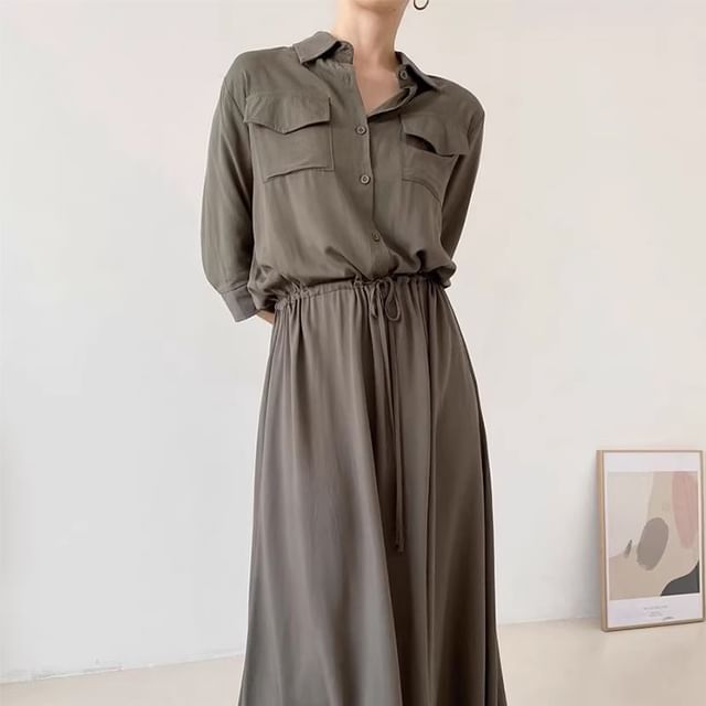 Long-Sleeve Collared Drawstring Waist A-Line Shirt Dress