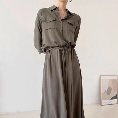 Long-Sleeve Collared Drawstring Waist A-Line Shirt Dress