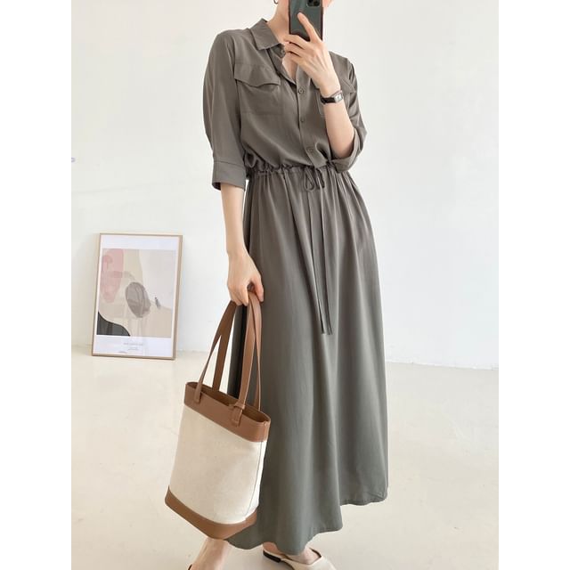 Long-Sleeve Collared Plain Drawstring Waist Maxi A-Line Shirt Dress