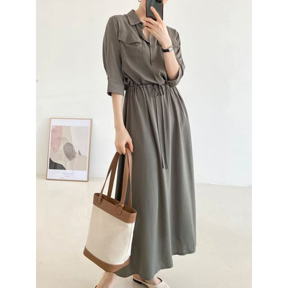 Long-Sleeve Collared Drawstring Waist A-Line Shirt Dress