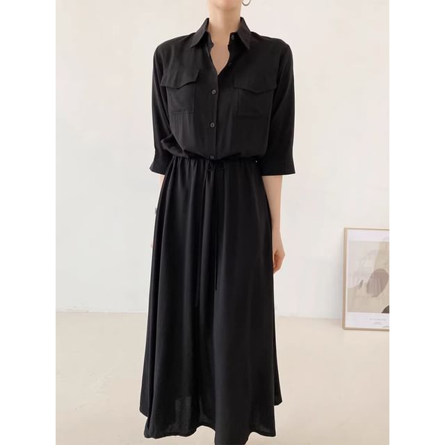 Long-Sleeve Collared Drawstring Waist A-Line Shirt Dress