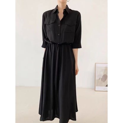 Long-Sleeve Collared Drawstring Waist A-Line Shirt Dress