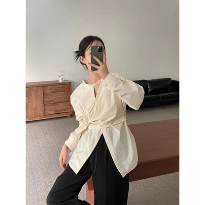 Long-Sleeve Round Neck Plain Cutout Slit Blouse