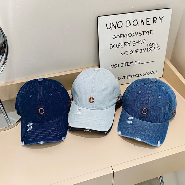 Cap Baseball Lettering Denim Embroidered Distressed