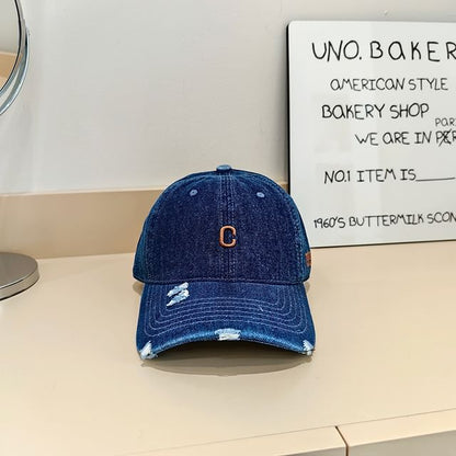 Lettering Embroidered Distressed Denim Baseball Cap