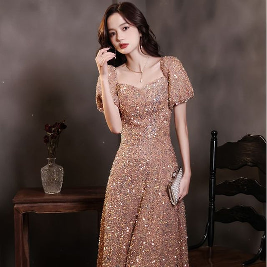Sequin A-Line Gown Puff-Sleeve Evening