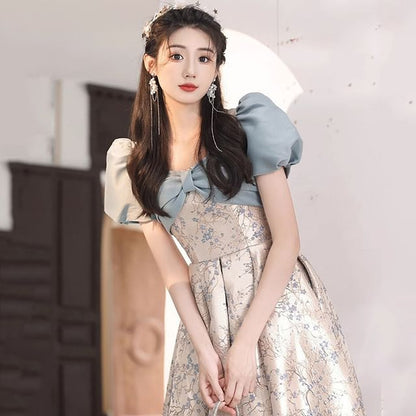 Puff-Sleeve Floral A-Line Evening Gown