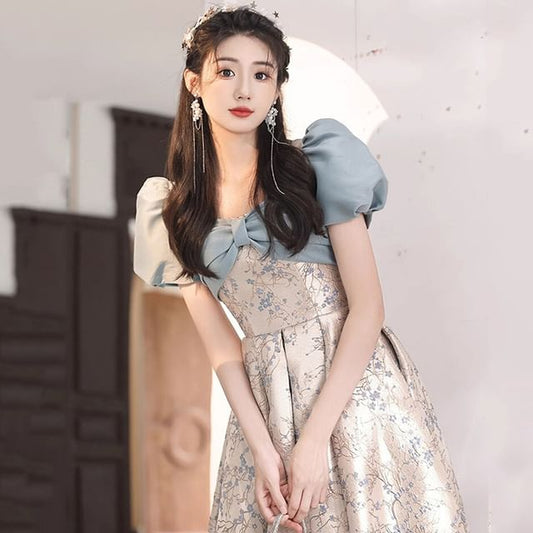 Puff-Sleeve Floral A-Line Evening Gown